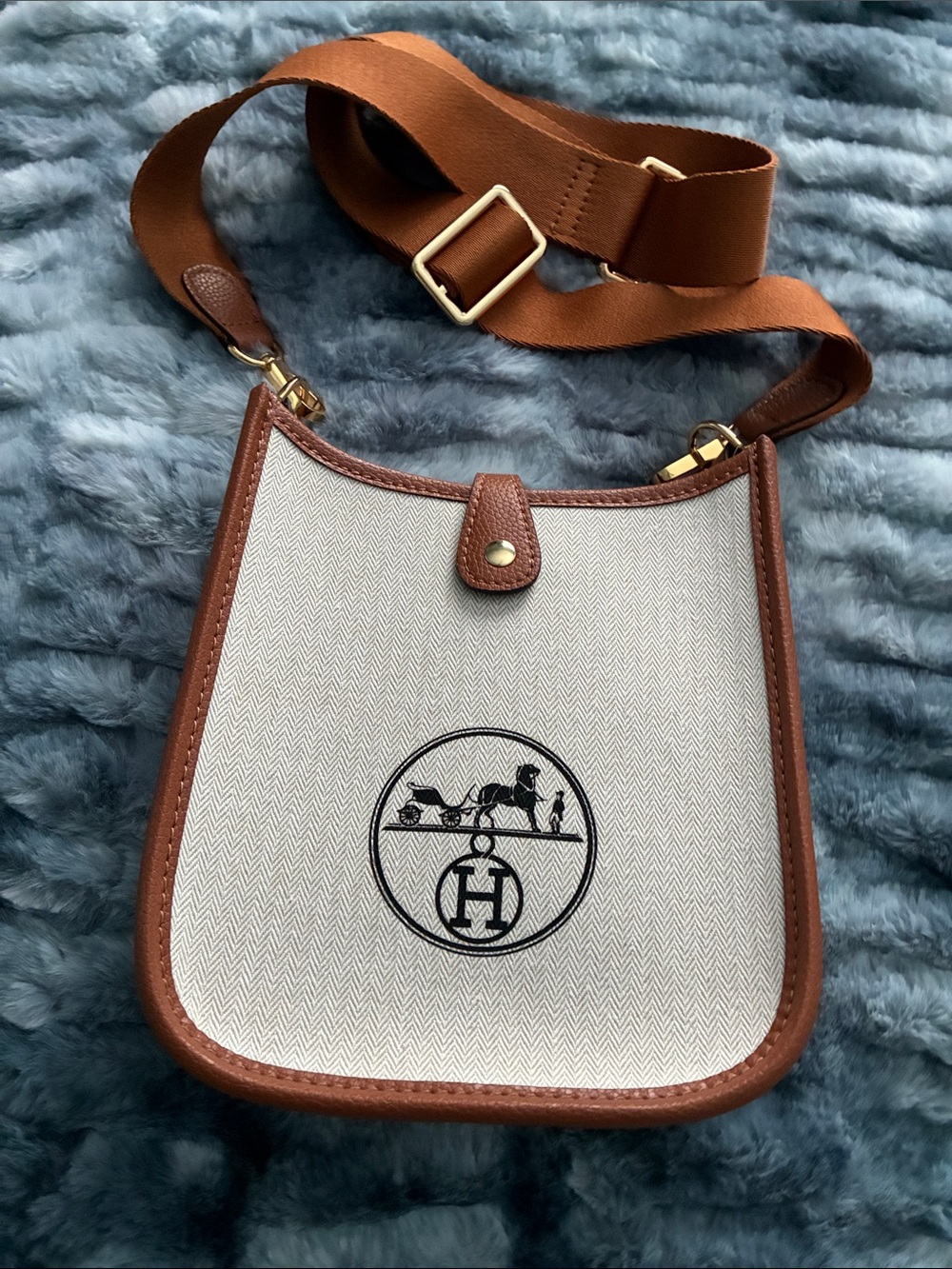 NWOT Hermes Like Cream Canvas Crossbody with Brown Leather Trim